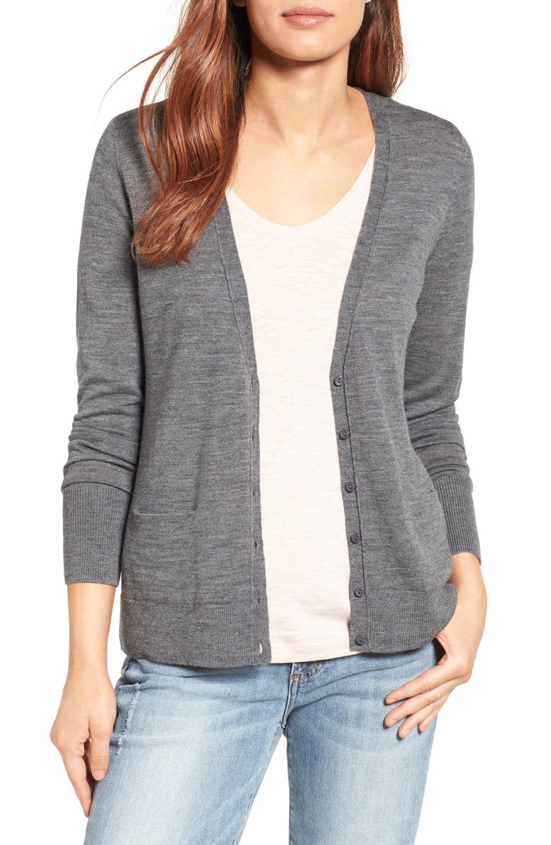 Halogen<sup>®</sup> V-Neck Merino Wool Cardigan, Main, color,