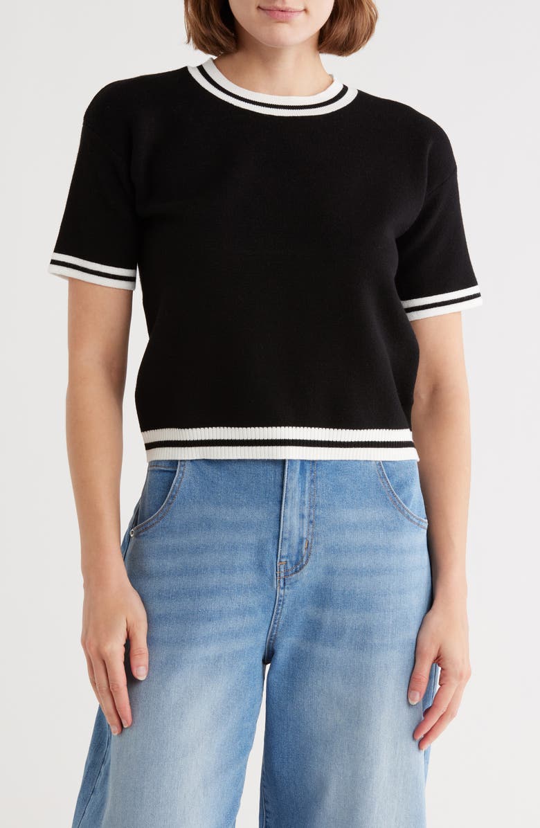 Vigoss Tipped Short Sleeve Sweater, Main, color, Black/ White