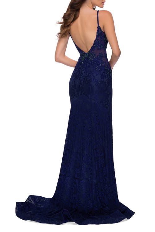 La Femme Chic Long Stretch Lace Gown With Sheer Rhinestone Back In Navy