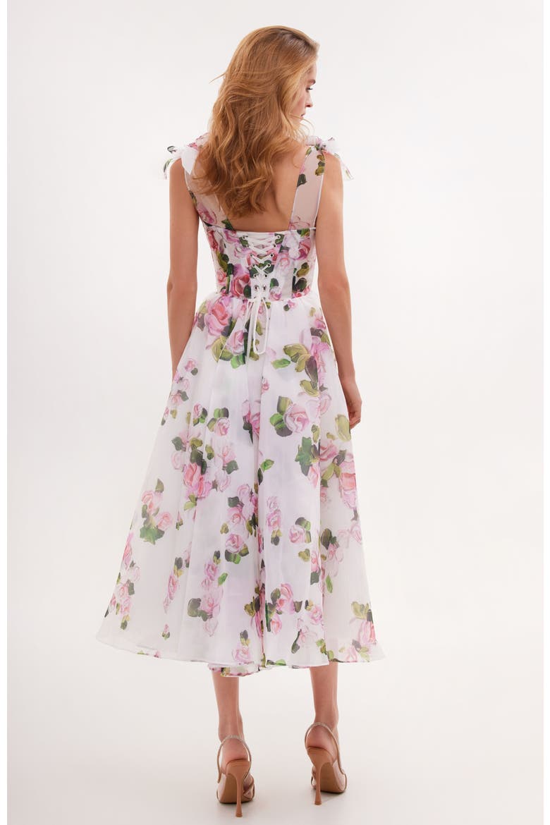 A-Line Satin Floral Midi Dress with Tie Straps for Cocktail Events, Alternate, color, Apple Blossom