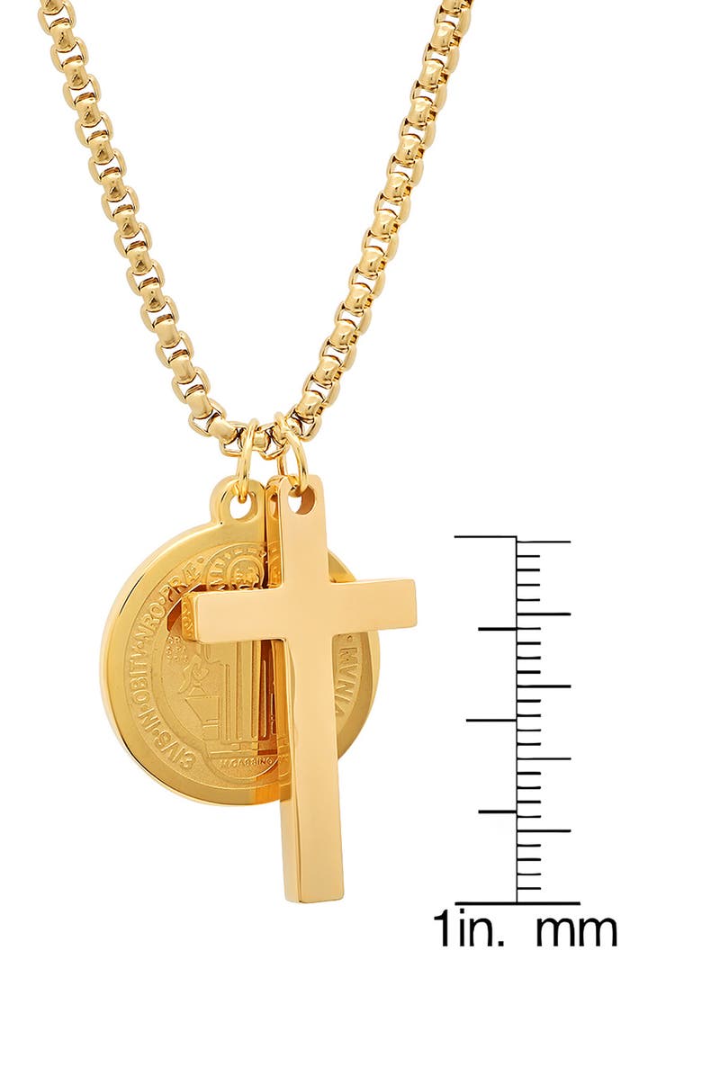 HMY JEWELRY Men's 18K Gold Plated Stainless Steel Cross & Saint Pendant Necklace, Alternate, color, Gold