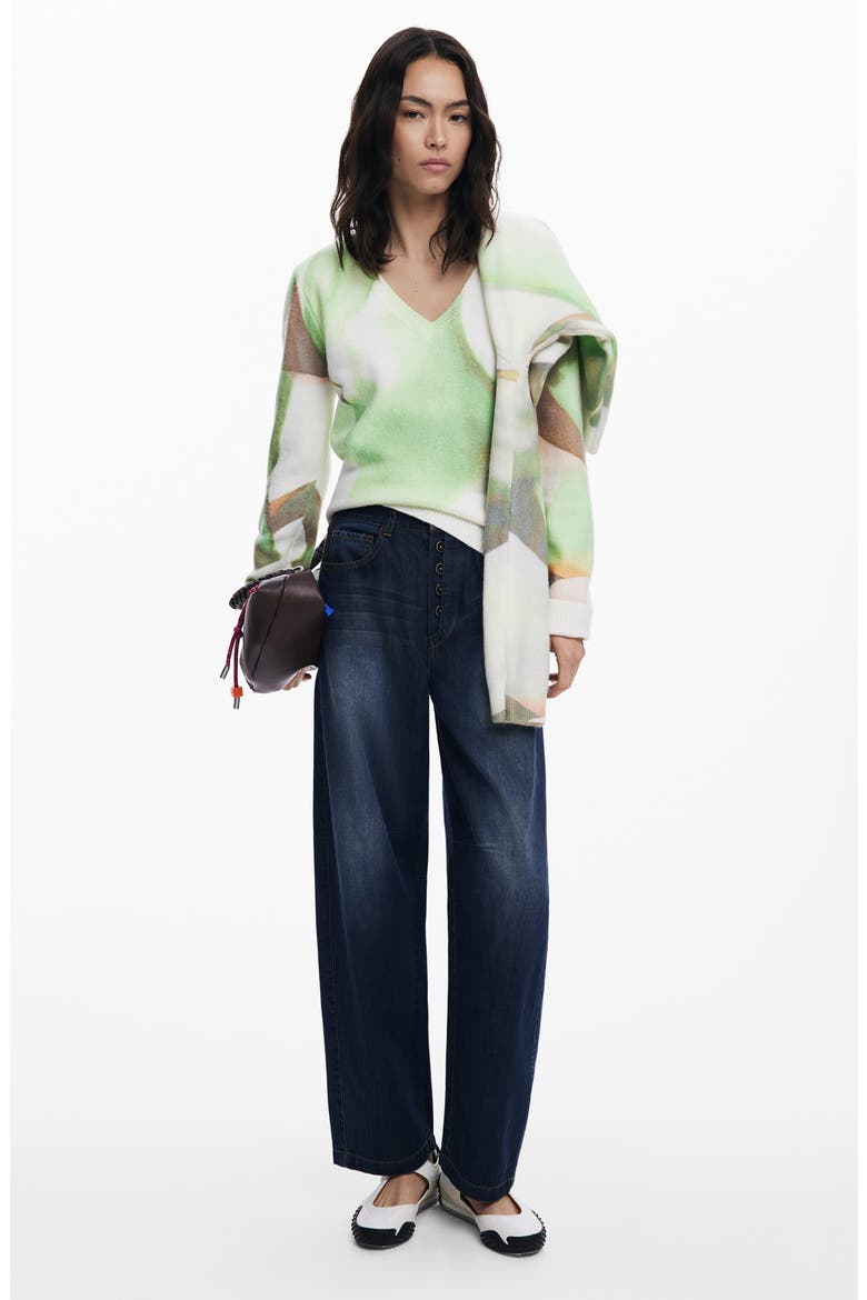 Abstract Print V-Neck Sweater, Alternate, color, LIGHT GREEN