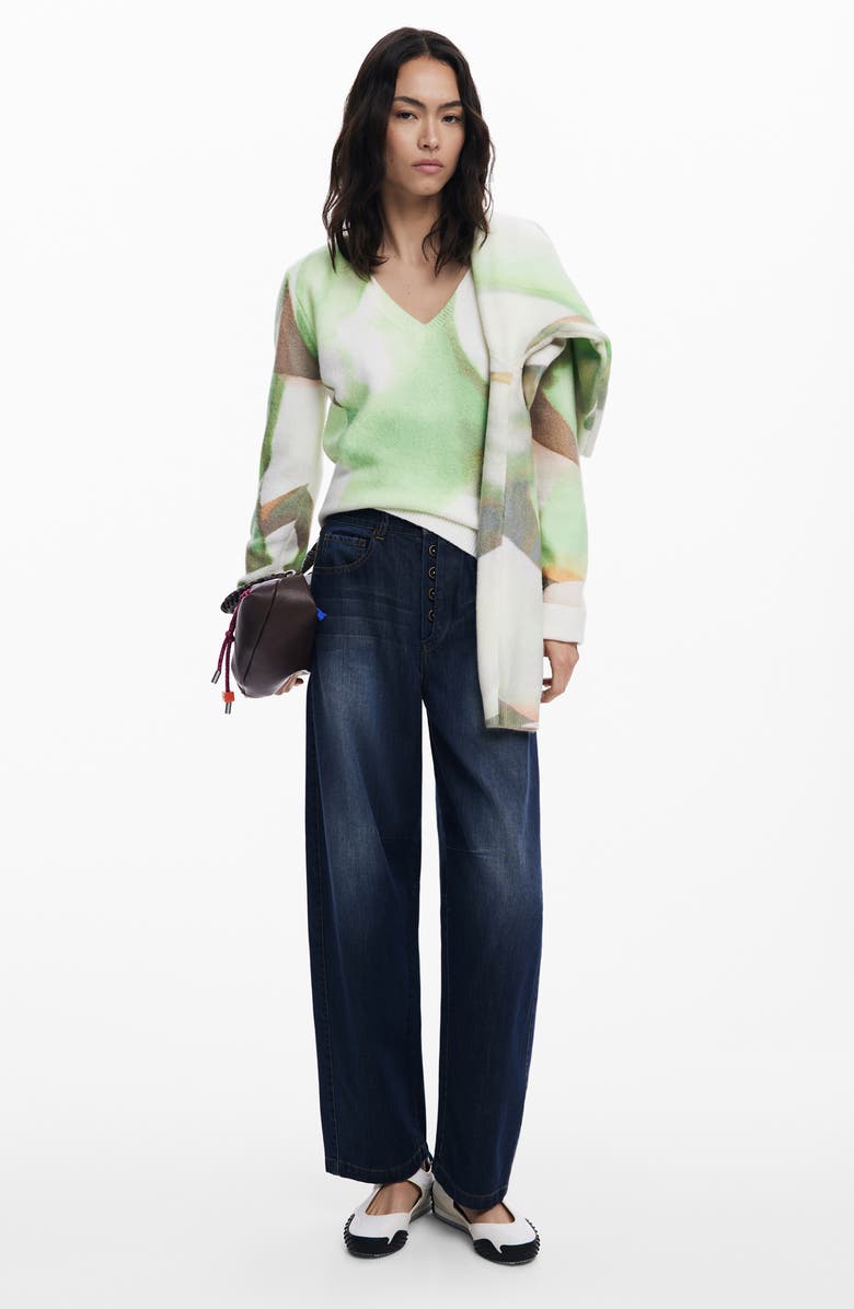 Desigual Abstract Print V-Neck Sweater, Alternate, color, Light Green