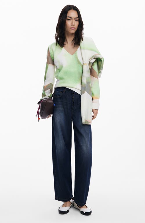 Desigual Abstract Print V-neck Sweater In Green