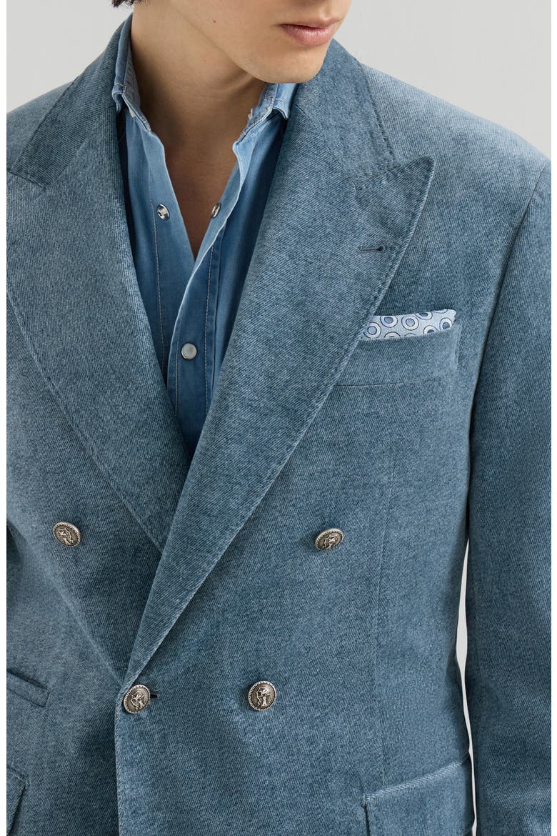 Denim-effect cotton velvet one-and-a-half breasted Tailor blazer with metal buttons, Alternate, color, Cerulean