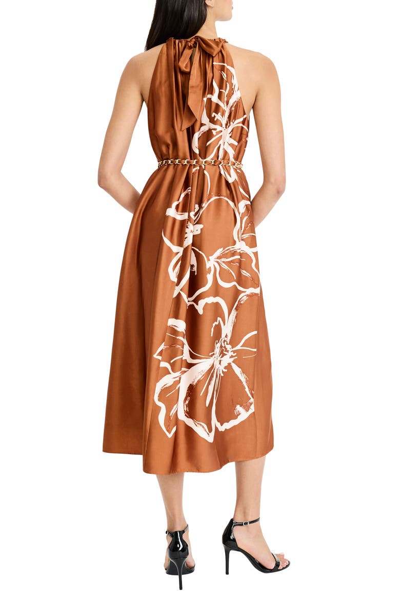 Floral Halter Neck Belted Midi Dress, Alternate, color, BURNT SIENNA/ WARM CAMEL