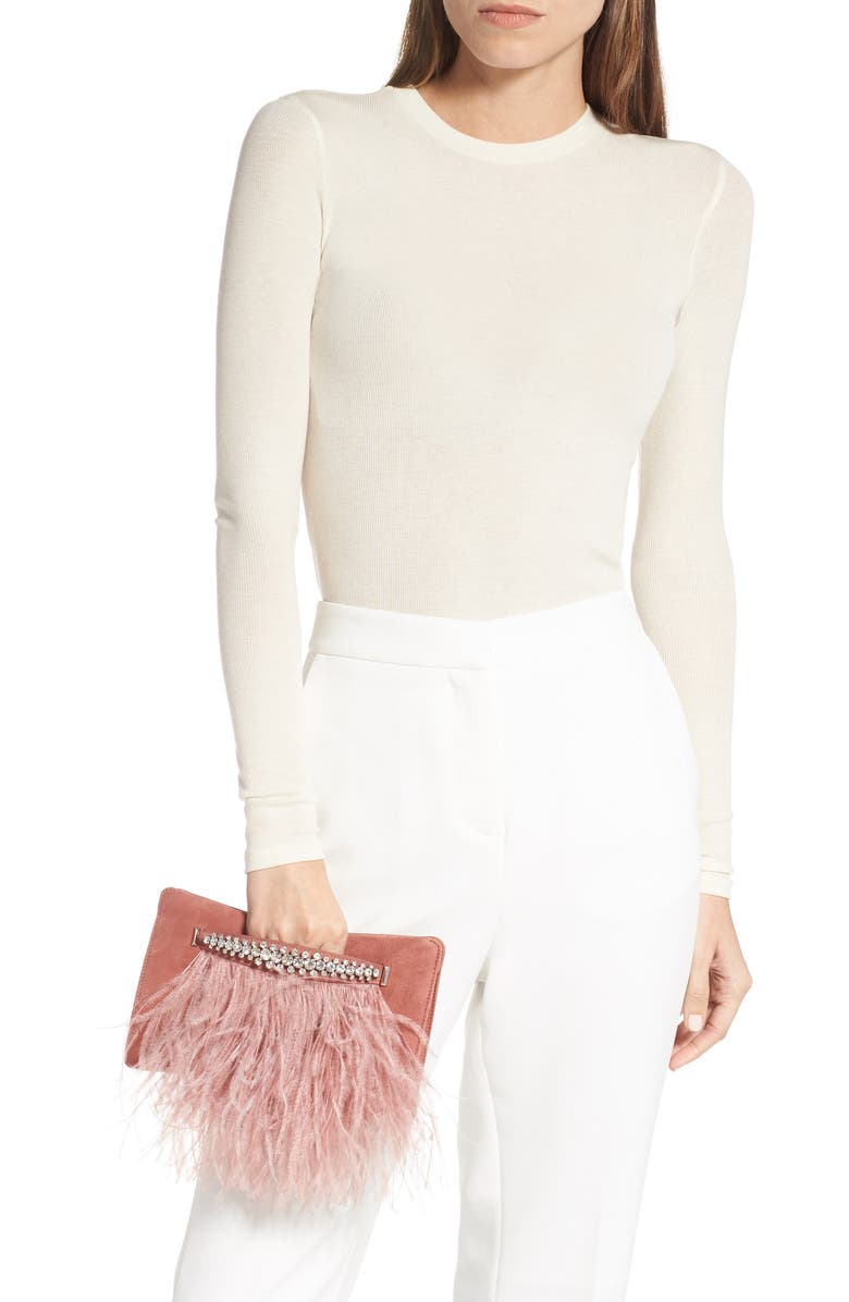 Jimmy Choo Feather Leather Clutch with Crystal Bracelet Handle, Alternate, color,