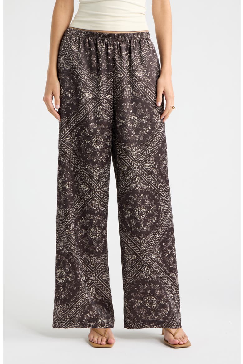 Print Satin Pull On Wide Leg Pants, Main, color, BROWN- IVORY SOL BANDANA