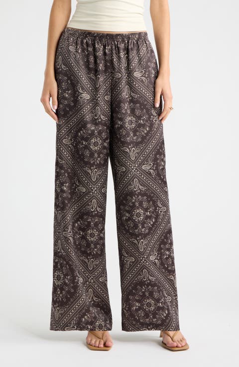 Print Satin Pull On Wide Leg Pants