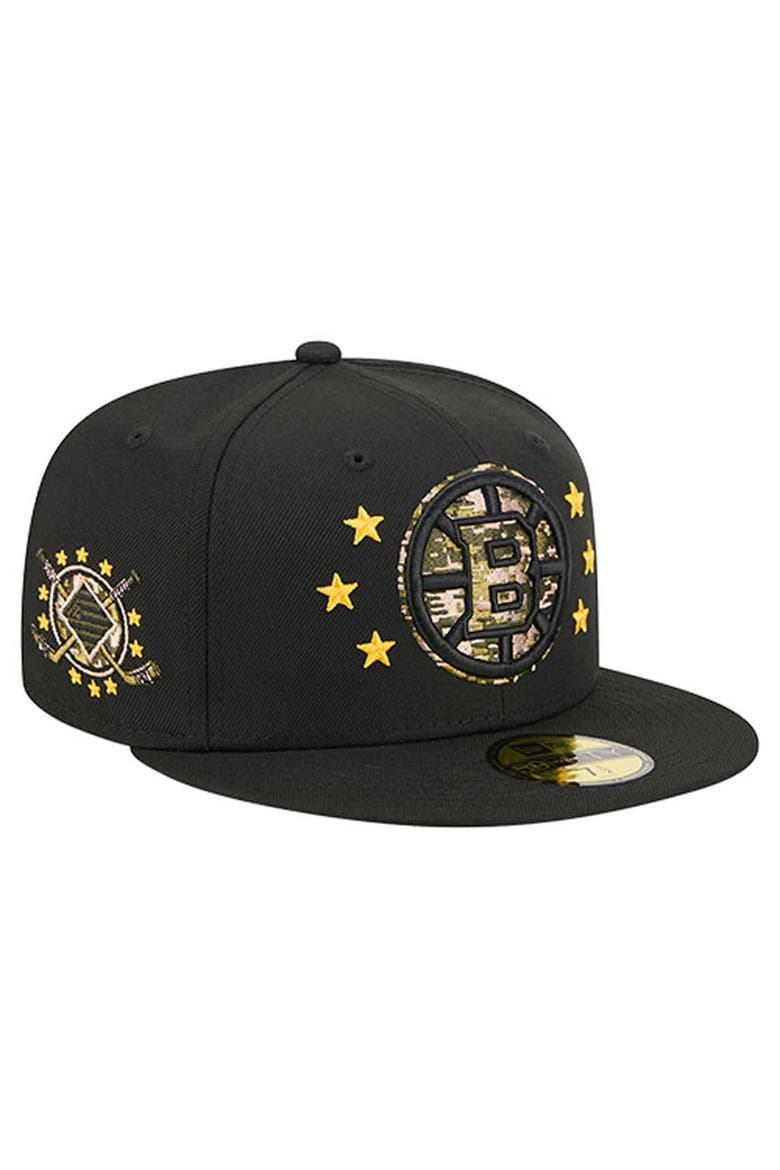 Men's New Era  Black Boston Bruins Military Appreciation Digital Camo Stars 59FIFTY Fitted Hat, Main, color, Black