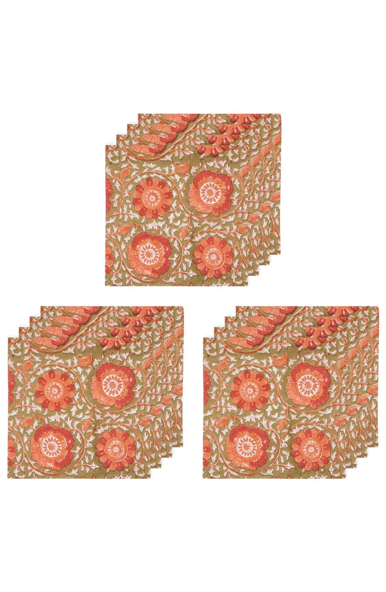Danica Brands Block Print Zinnia Napkin - Set of 12, Main, color, Brown