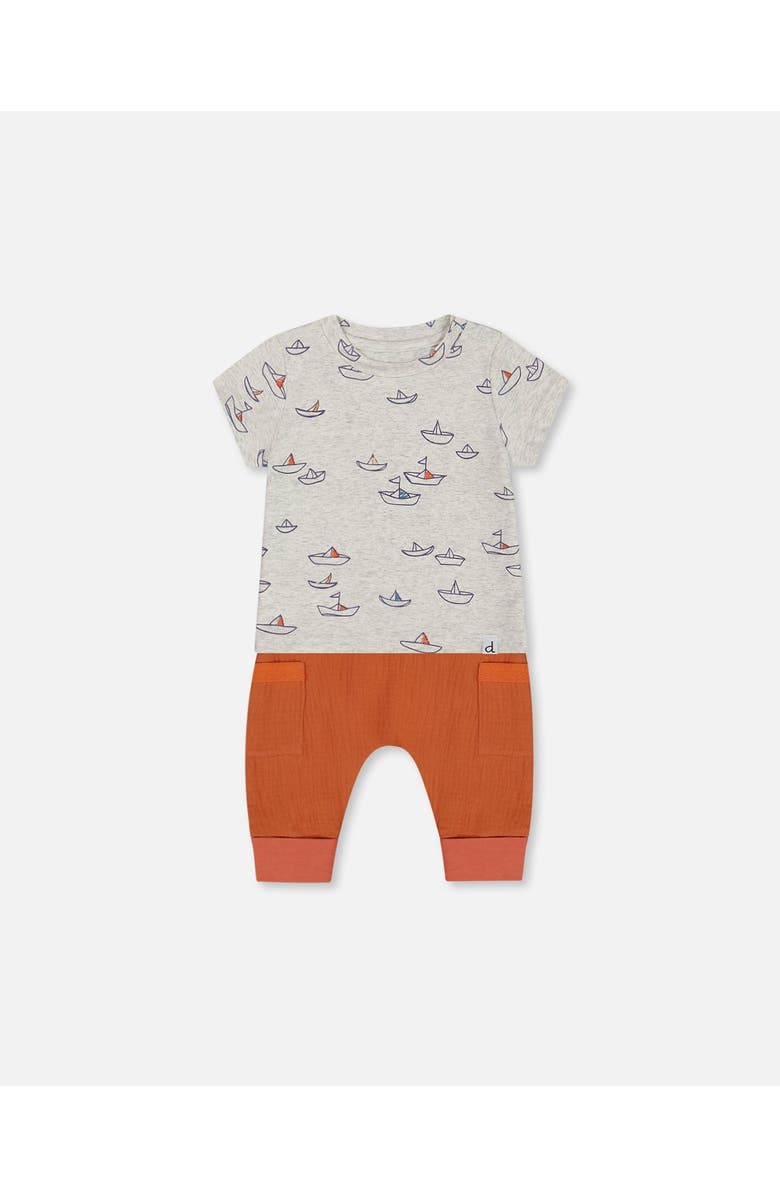Deux par Deux Baby Boy's Organic Cotton Top And Muslin Pant Set Little Paper Boats And Terracotta, Main, color,