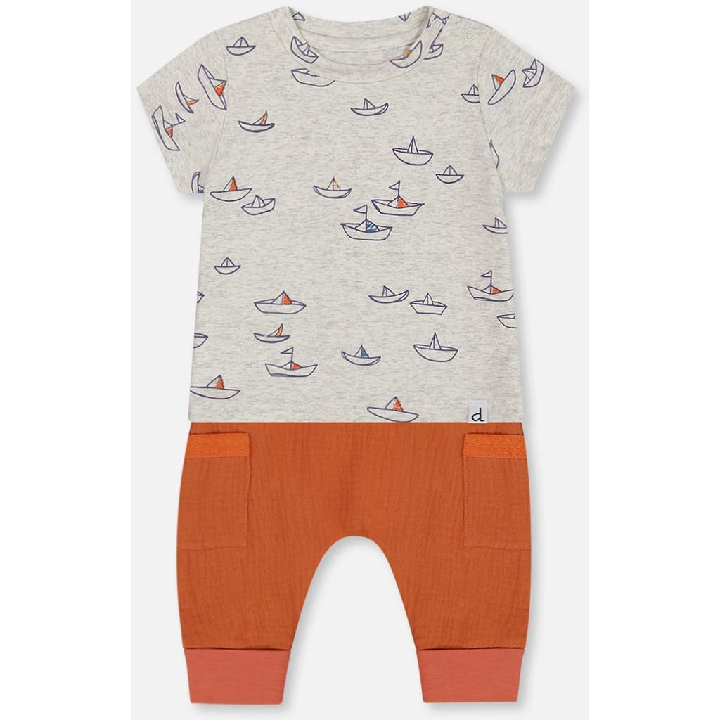 Deux Par Deux Baby Boy's Organic Cotton Top And Muslin Pant Set Little Paper Boats And Terracotta In Heather Grey Little Paper Boat