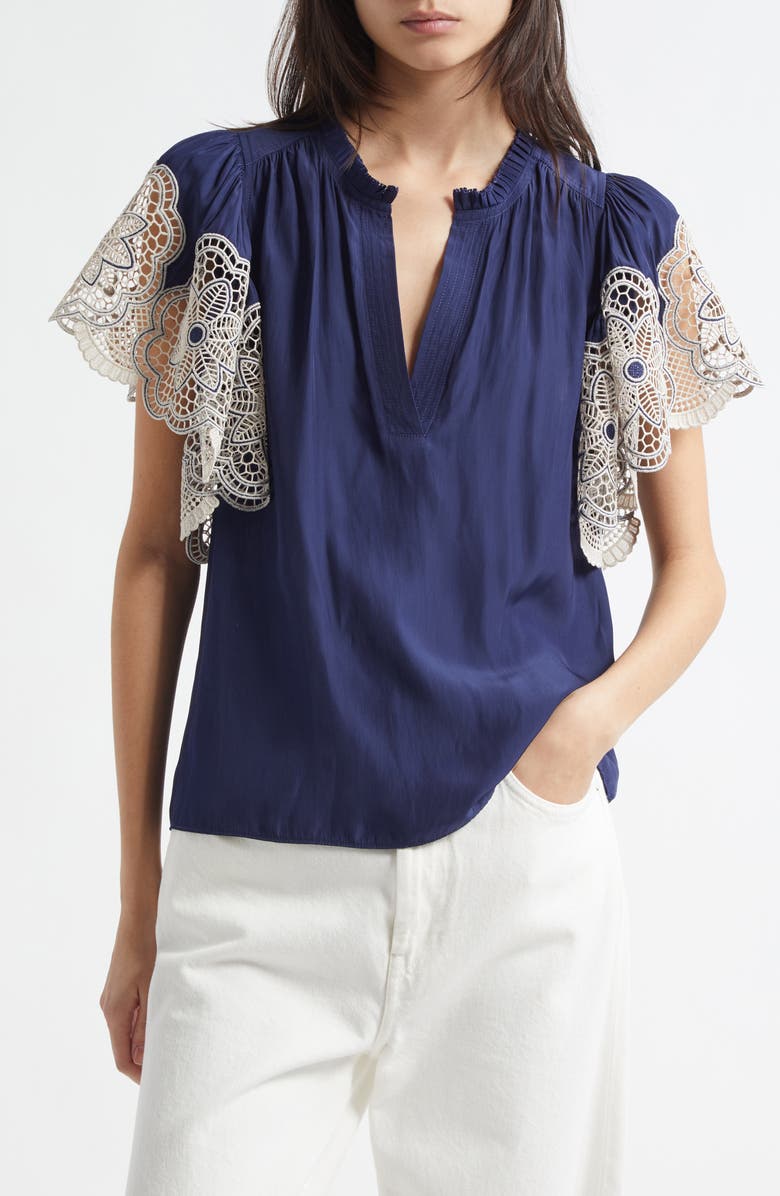Ramy Brook Esti Embroidered Sleeve Top, Main, color, Spring Navy