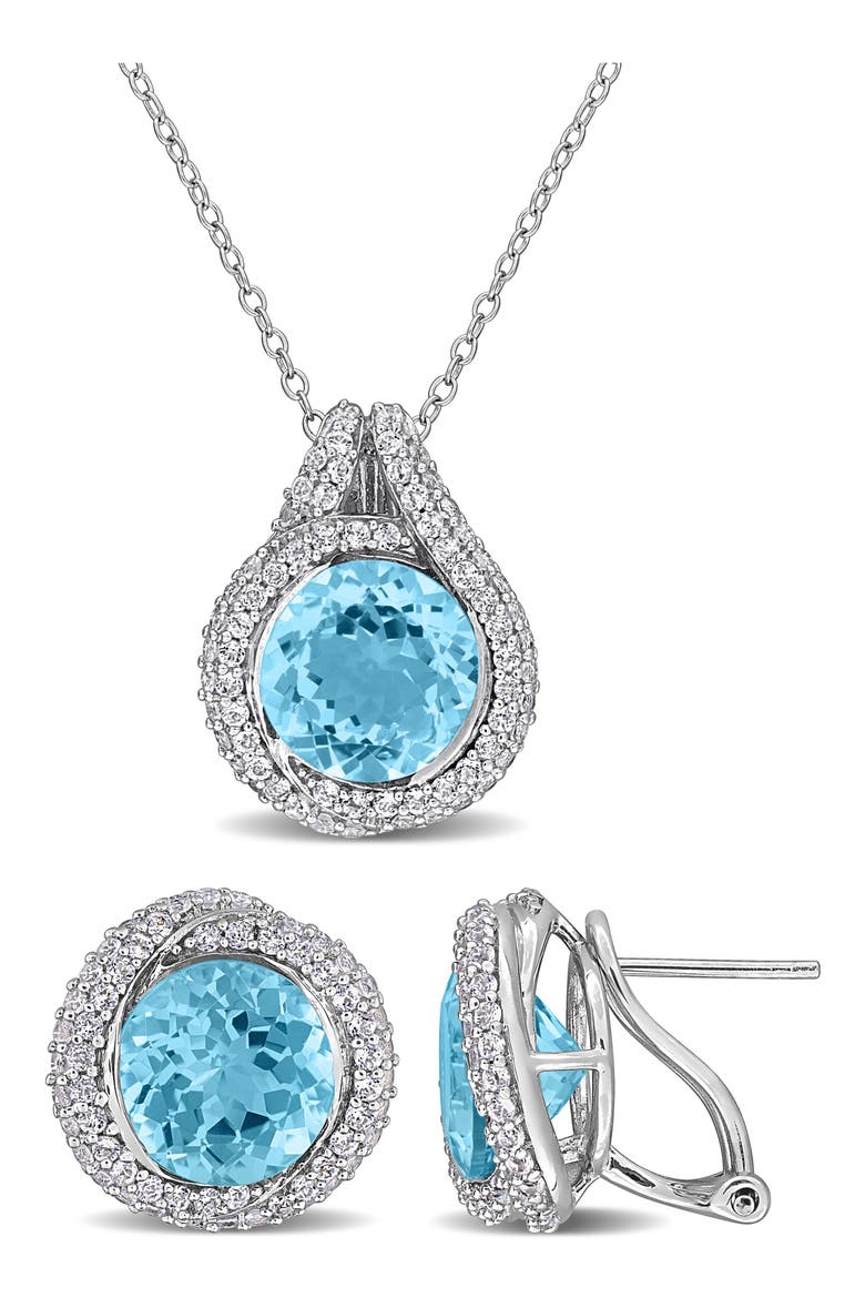 Sky Blue Topaz Halo Pendant Necklace & Earrings Set, Main, color, BLUE