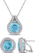 DELMAR Sky Blue Topaz Halo Pendant Necklace & Earrings Set