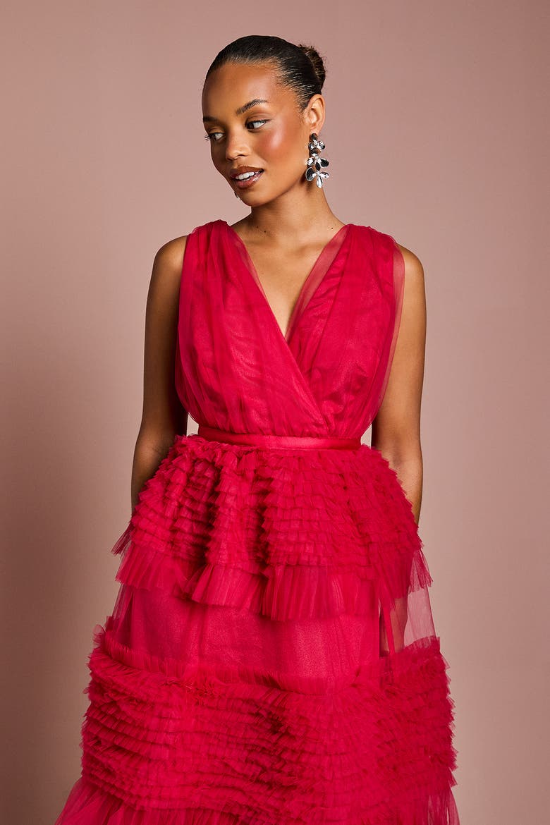Petite Sleeveless Mesh Tiered Maxi Dress, Alternate, color, Raspberry