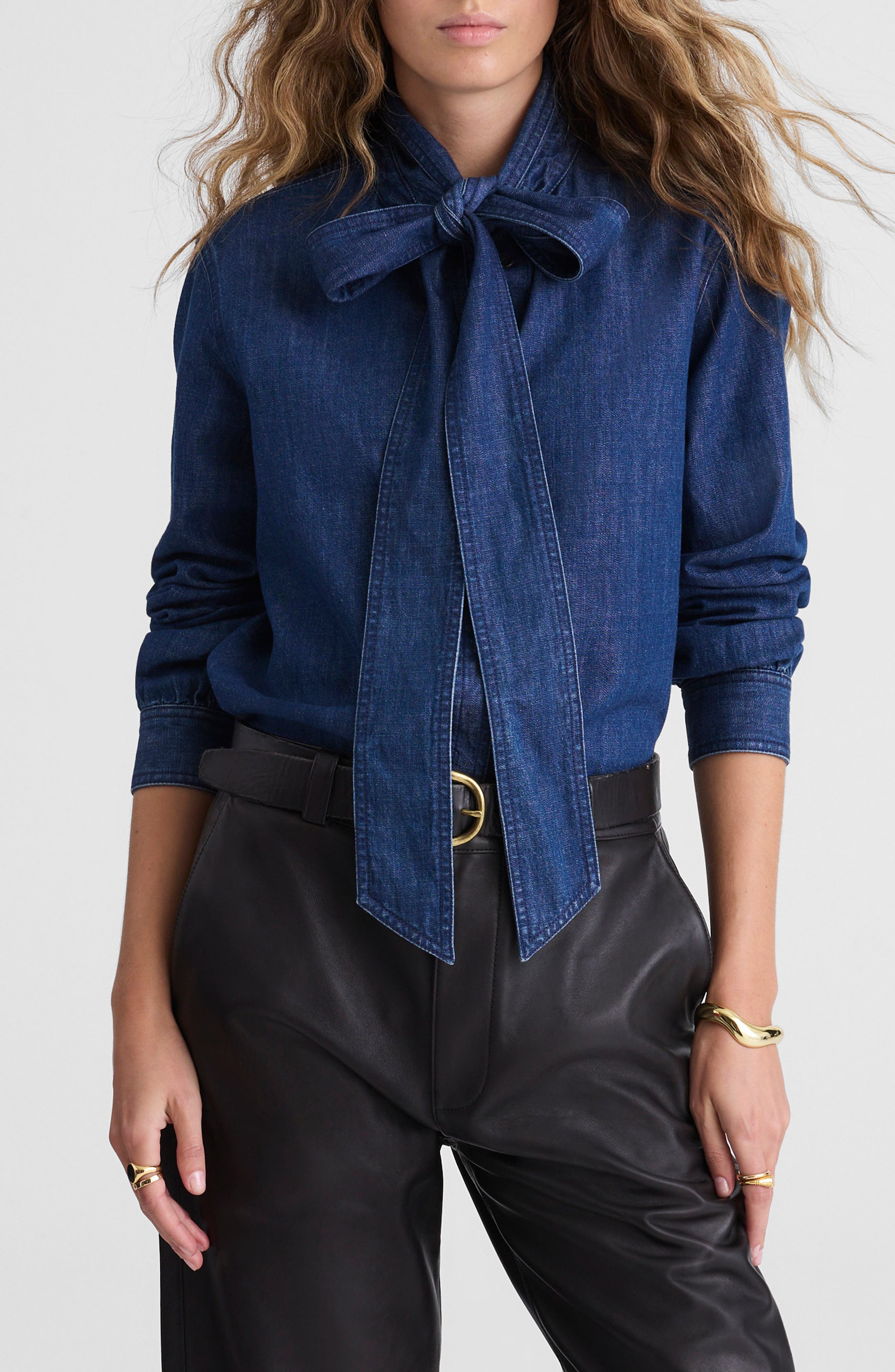 Madewell Tie Neck Denim Button-Up Shirt