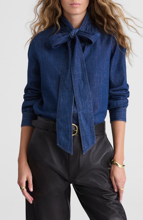 Tie Neck Denim Button-Up Shirt