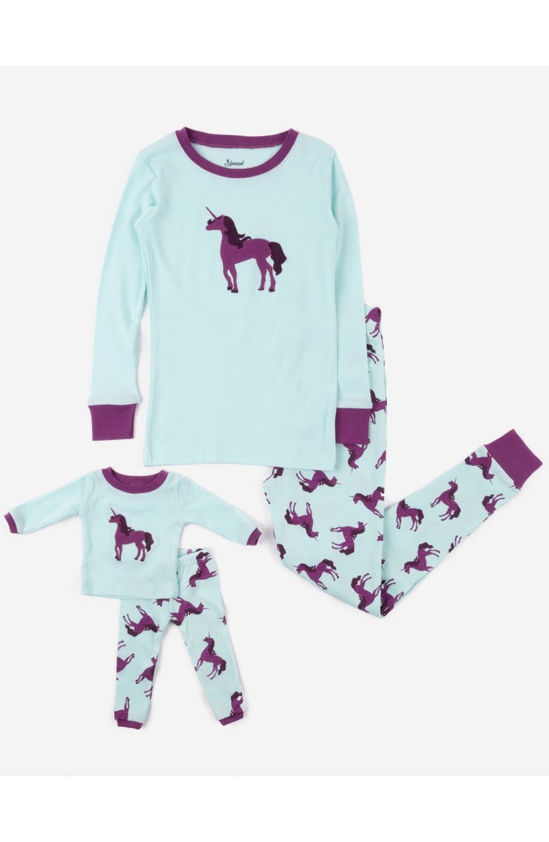 Leveret Girls 2-pc. Cotton Pajamas with Matching Doll Accessory - Unicorn & Fantasy Prints, Main, color, Unicorn Purple