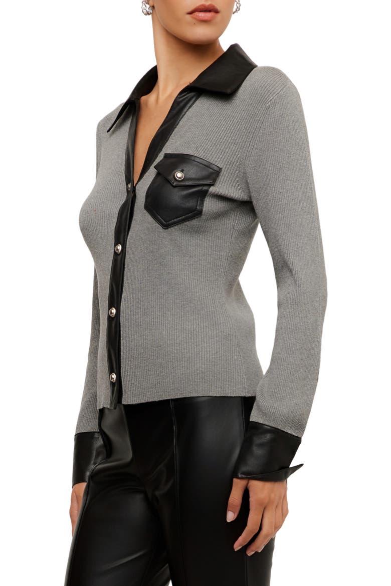 Isabella Faux Leather Trim Ribbed Top, Alternate, color, GRAY