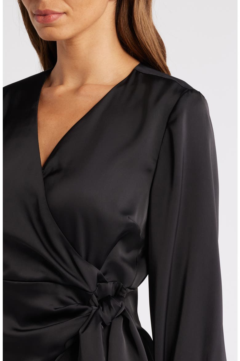 Fluid Long Sleeve Satin Faux Wrap Midi Dress, Alternate, color, BLACK
