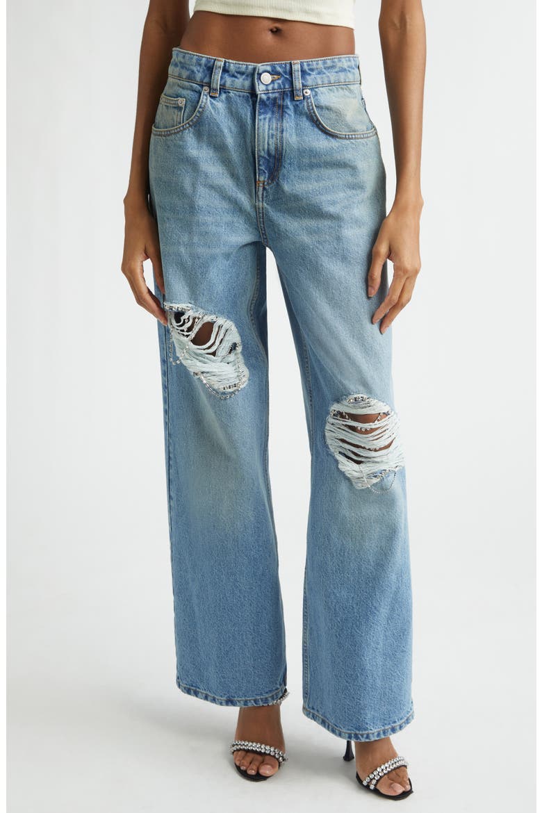 Crystal Ripped Relaxed Wide Leg Jeans, Main, color, MEDIUM BLUE