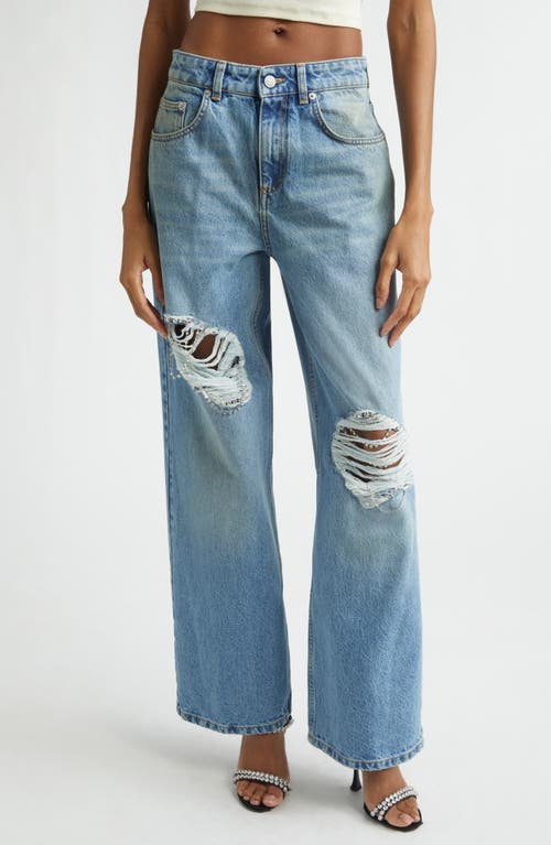 Area Crystal Ripped Relaxed Wide Leg Jeans in Medium Blue at Nordstrom, Size 24