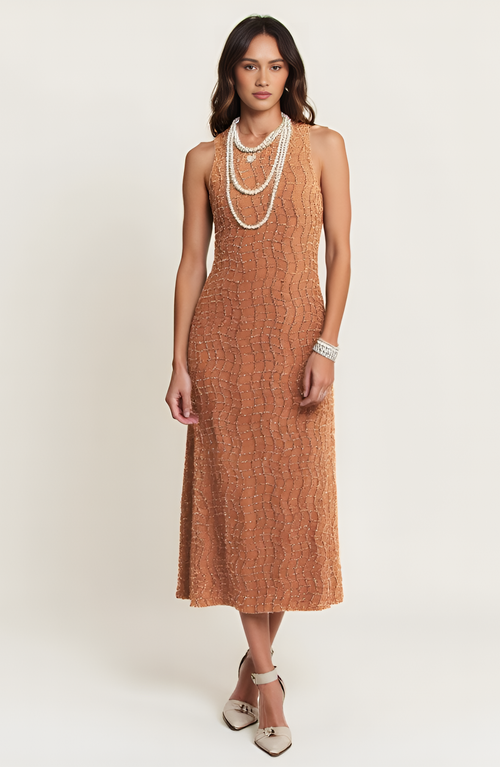 Modenaire Hand-embellished Sleeveless Midi Dress In Brown/tan