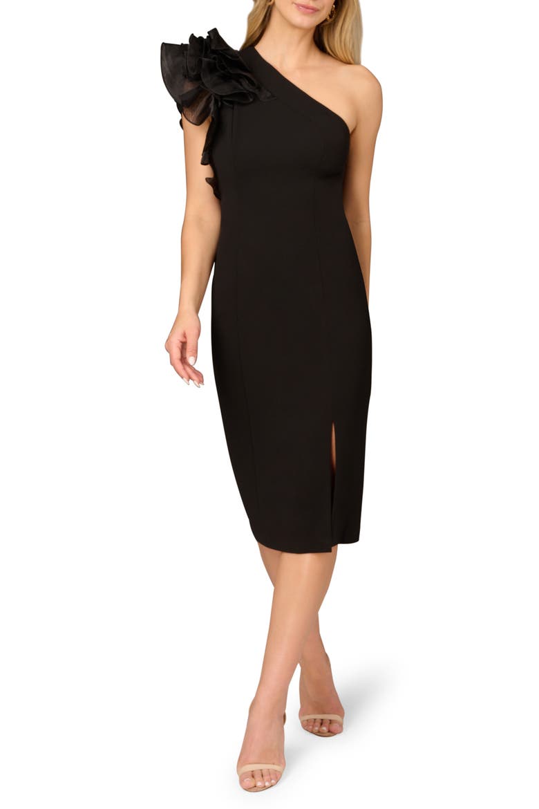 Ruffle One-Shoulder Cocktail Sheath Dress, Main, color, BLACK