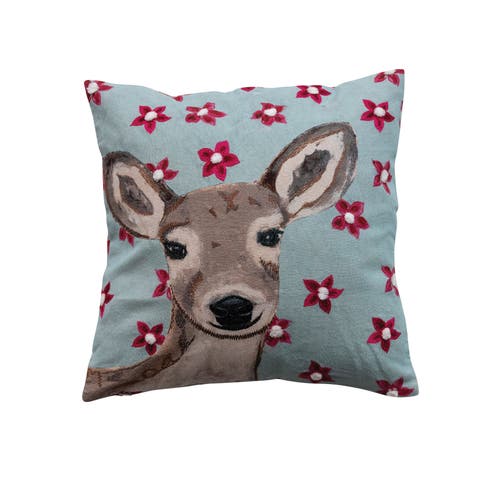 Artisan Cotton Deer & Floral Embroidered Pillow
