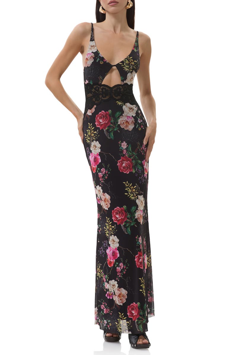 AFRM Elyse Floral Print Lace Maxi Dress, Main, color, Noir Summer Rose