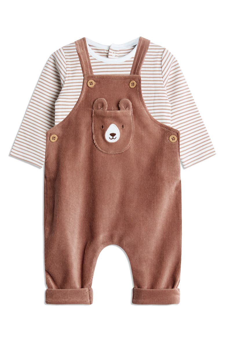 JOJO MAMAN BEBE Stripe Long Sleeve Bodysuit & Bear Appliqué Overalls Set, Main, color, Brown
