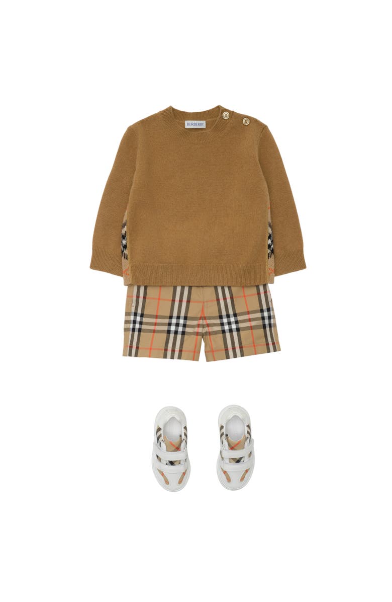 Burberry Check Patch Wool Cashmere Sweater, Alternate, color, Camel