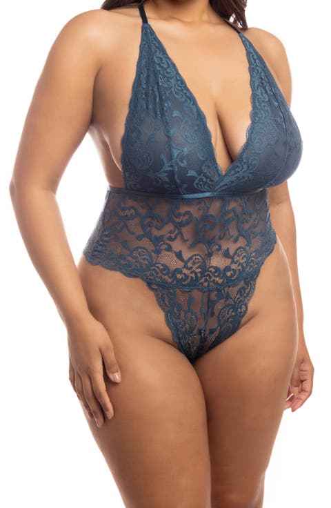 Jeana Plunge High Leg Galloon Lace Bodysuit (Plus Size)
