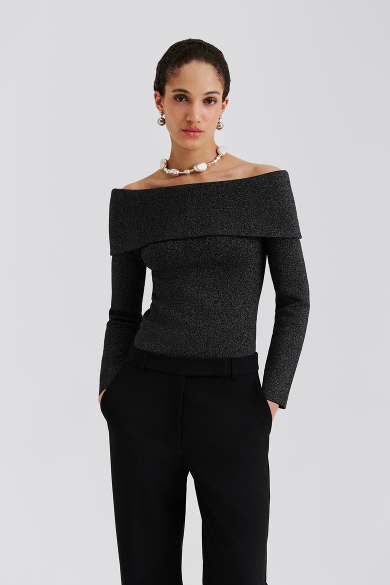 Cirella Knitted Off Shoulder Top, Main, color, Black Metallic