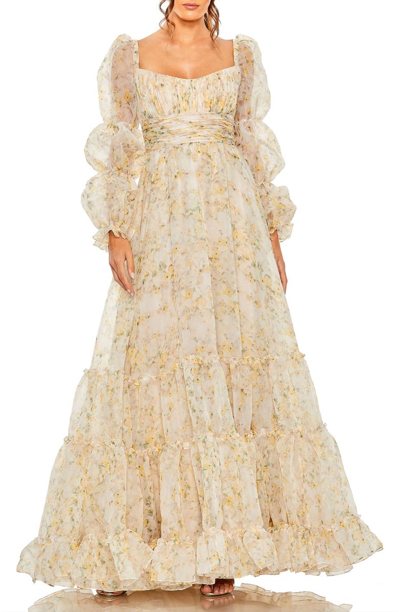 Mac Duggal Floral Chiffon Gown with Sweetheart Neckline, Puff Sleeves & Ruffle Tiered Skirt, Main, color, White Multi