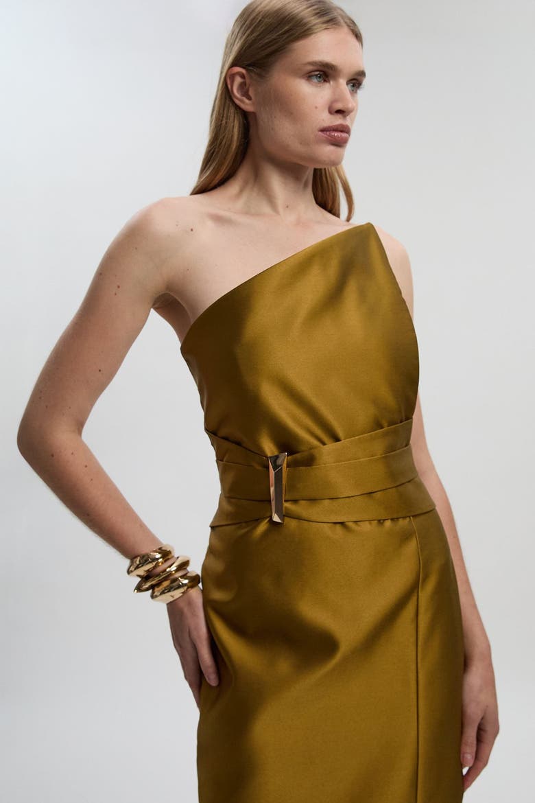 Satin Twill Asymmetric Neck Midi Dress, Alternate, color, Gold