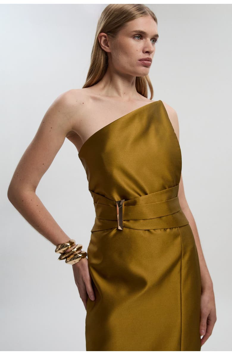 Karen Millen Satin Twill Asymmetric Neck Midi Dress, Alternate, color, Gold