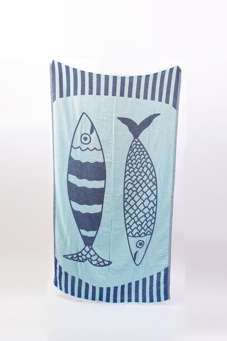 Novelty Turkish Towel, Main, color, Double Fish Navy/Teal