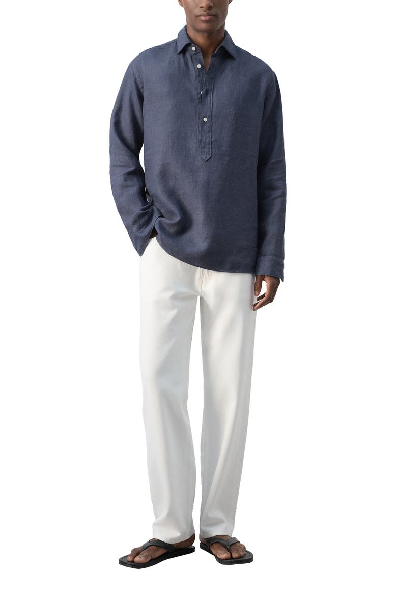 Long Sleeve Linen Polo Shirt, Alternate, color, INDIGO BLUE