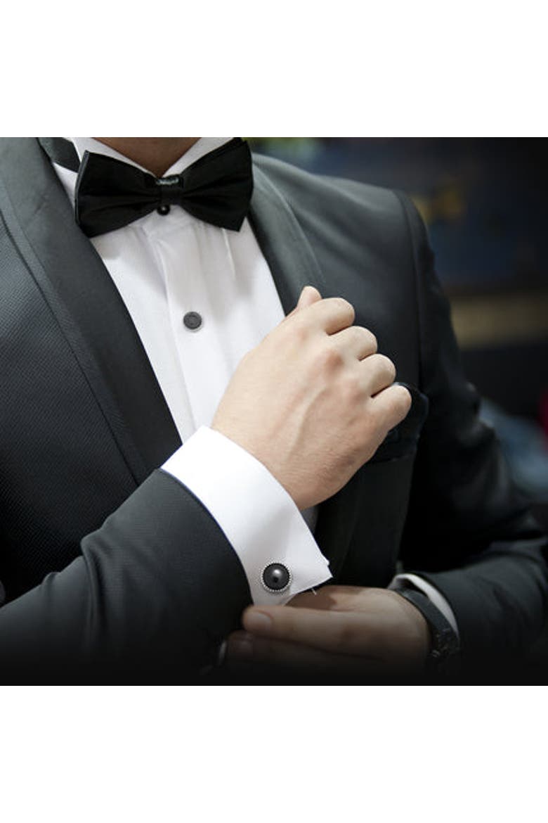 Classic Round Gemstone Cufflinks and Tuxedo Studs with Textured Border, Alternate, color, Black