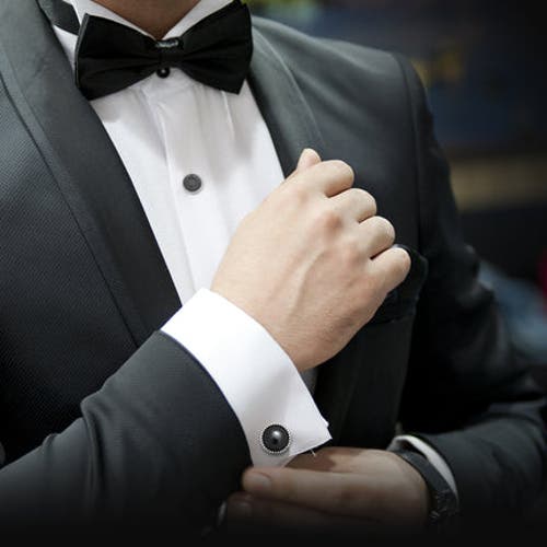 Link Up Classic Round Gemstone Cufflinks And Tuxedo Studs With Textured Border In Metallic