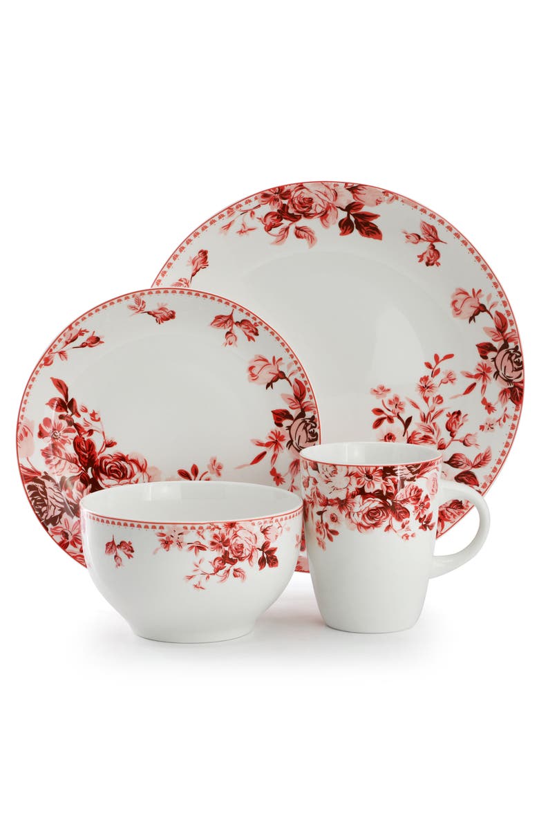 Elama Traditional Rose 16 Piece Stoneware Dinnerware Set, Alternate, color, Red