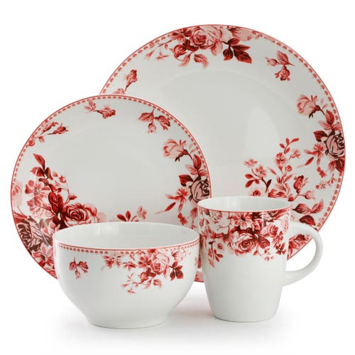 Elama Traditional Red Rose 16-pc. Stoneware Dinnerware Set In Multi