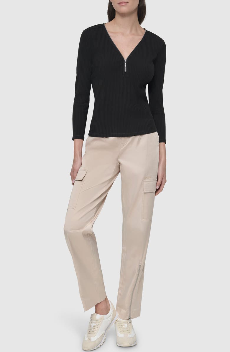 DKNY V-Neck Rib Long Sleeve Top, Alternate, color, 