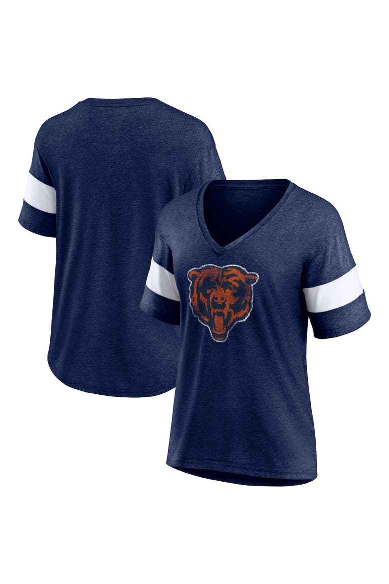 Women's Fanatics Branded Heathered Navy/White Chicago Bears Distressed Team Tri-Blend V-Neck T-Shirt, Main, color, Heather Navy