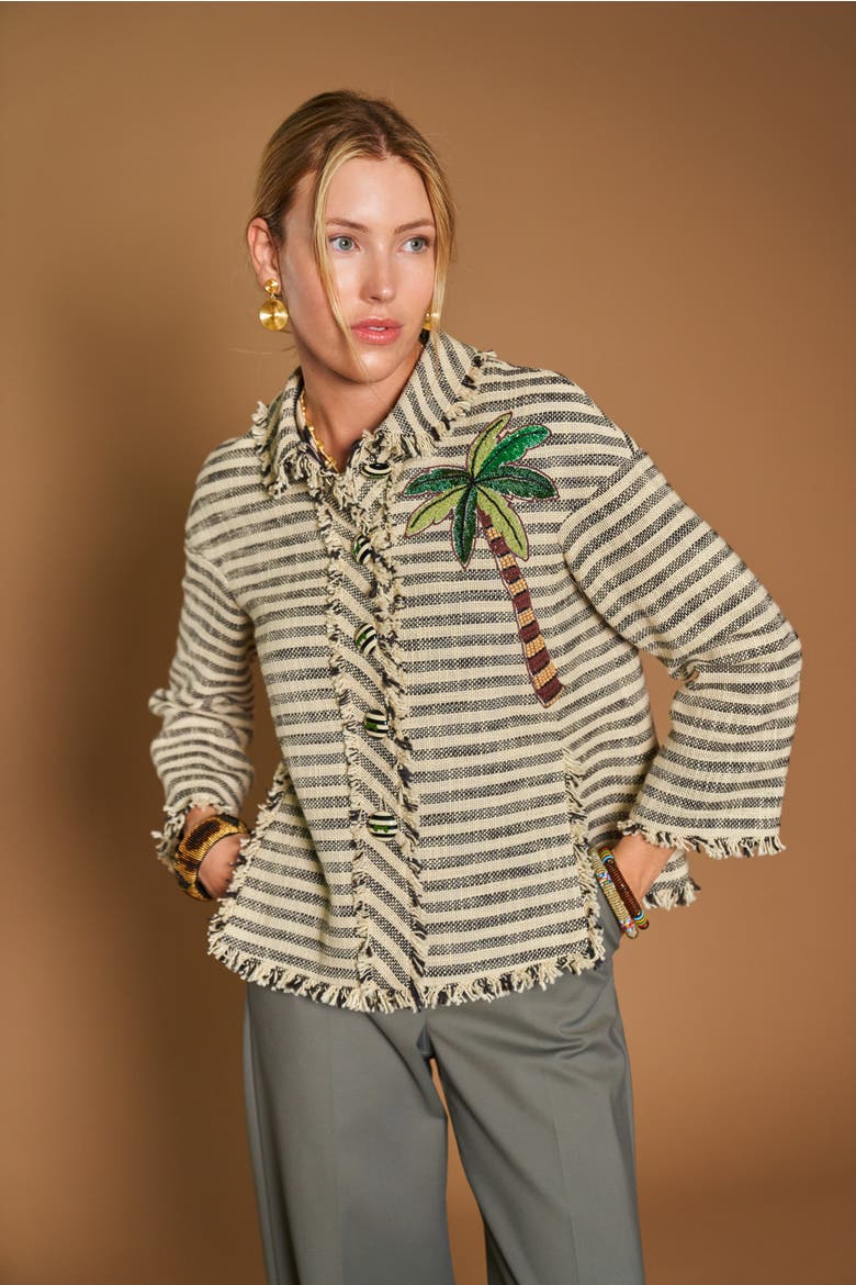 Striped Jacket With Palm Tree Embroidery, Alternate, color, Black / Sand