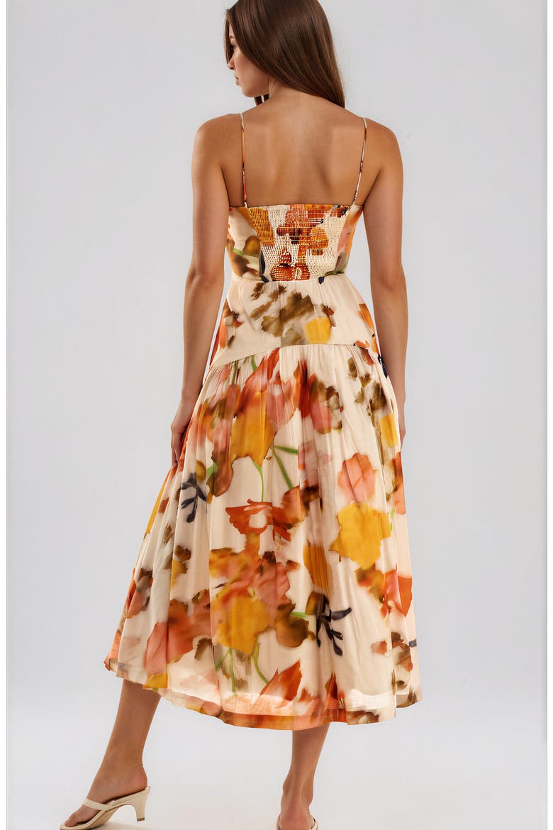 Floral Ruched Bodice Midi Dress, Alternate, color, CREAM/ ORANGE