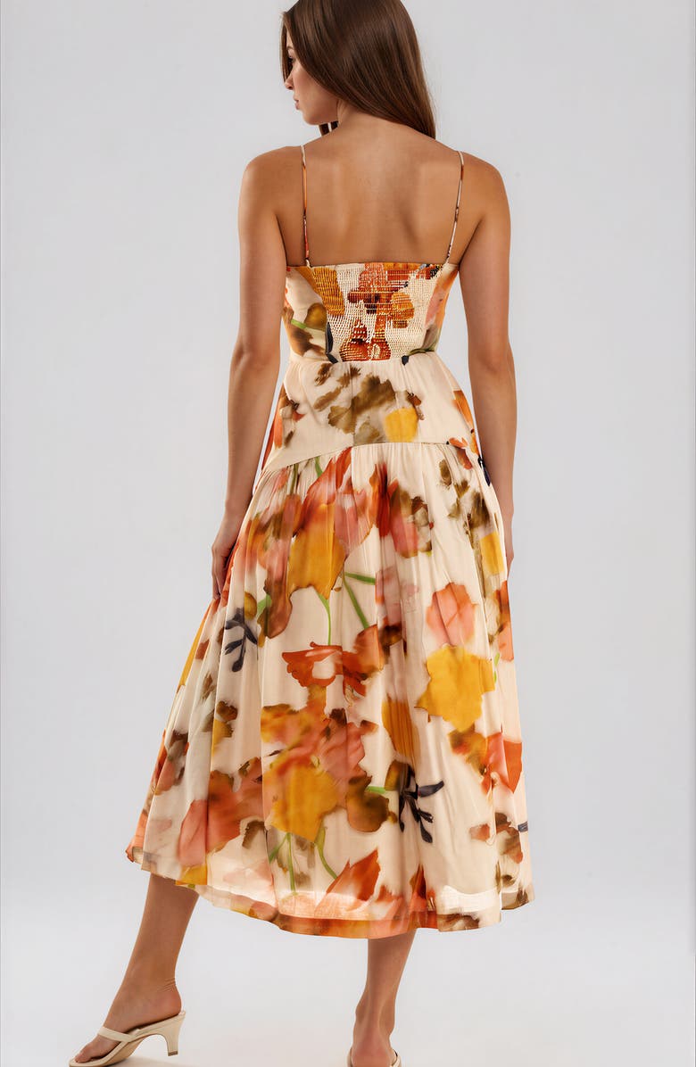 Socialite Floral Ruched Bodice Midi Dress, Alternate, color, Cream/ Orange
